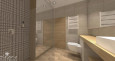 Projekt łazienki z prysznicem, białą muszlą wiszącą oraz drewnianym blatem z białą umywalką nablatową