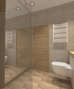 Projekt łazienki z prysznicem, białą muszlą wiszącą oraz drewnianym blatem z białą umywalką nablatową