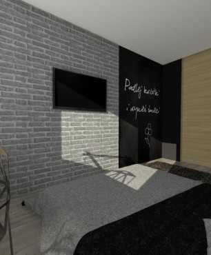 Projekt sypialni z szarą cegła i telewizorem na ścianie