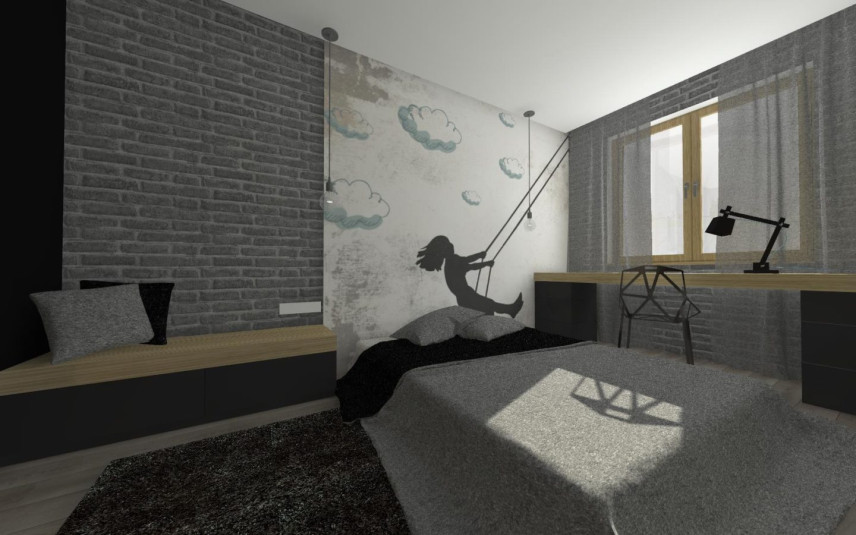 Projekt sypialni w odcieniach szarości z drewnianym blatem biurka na wymiar