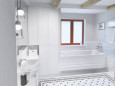 Łazienka z przewagą białego koloru z drewnianymi belkami na suficie