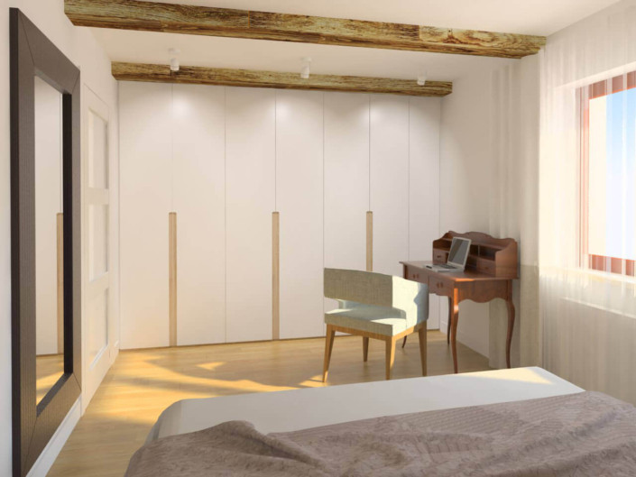 Sypialnia z szafą w zabudowie oraz z drewnianymi belkami na suficie