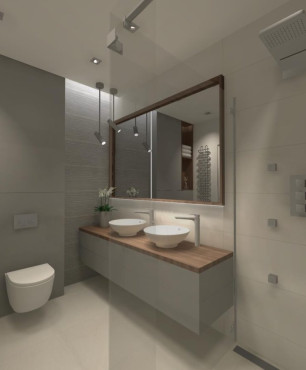 Duża łazienka z prysznicem walk-in, ceramiczną muszlą wiszącą oraz dwoma umywalkami nablatowymi