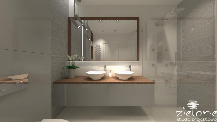 Duża łazienka z prysznicem walk-in, odpływem liniowym oraz szafką wiszącą z dwoma umywalkami