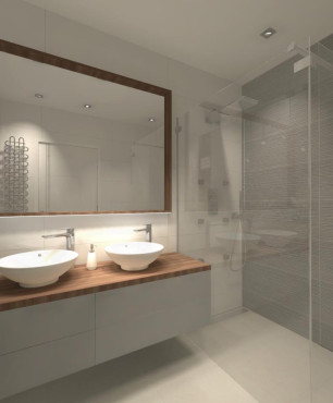 Projekt dużej łazienki z białą szafką wiszącą z drewnianym blatem