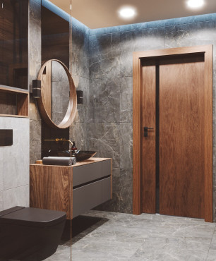 Łazienka w stylu industrialnym z drewnianymi drzwiami