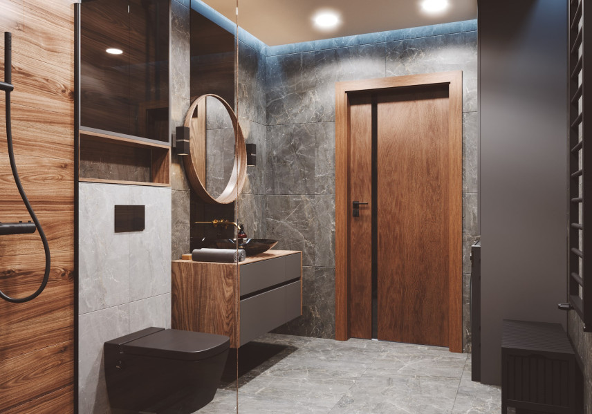 Łazienka w stylu industrialnym z drewnianymi drzwiami