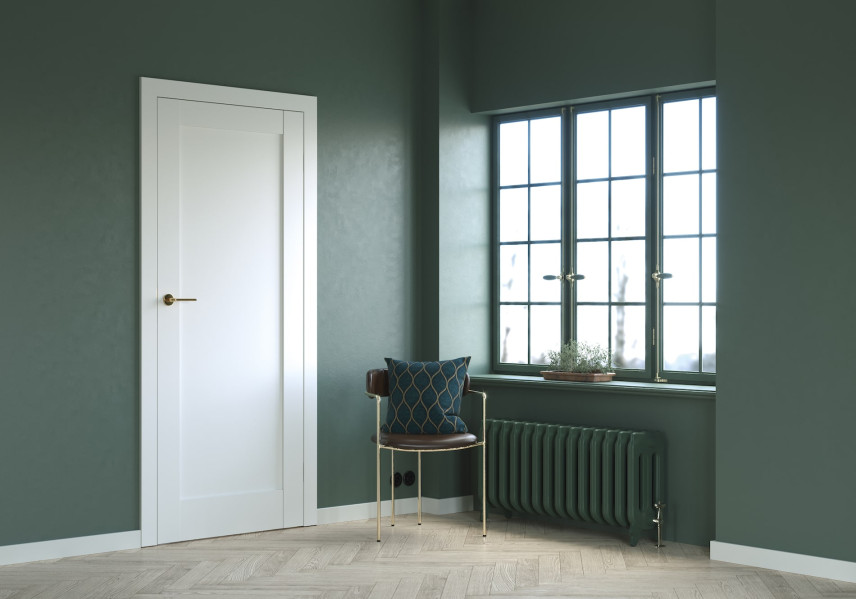 Salon z zielonym kolorem ścian oraz białymi drzwiami marki PORTA