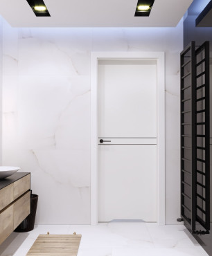 Nowoczesna łazienka z sufitem podwieszanym oraz białym gresem na ścianie