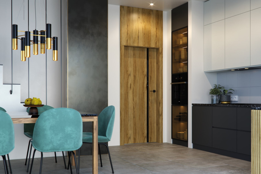 Otwarte wnętrze mieszkania w stylu nowoczesnym z drewnianymi drzwiami marki PORTA