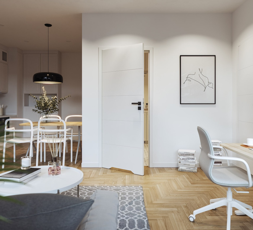 Wnętrze mieszkania w stylu skandynawskim z drewnianym parkietem oraz białymi drzwiami wewnętrznymi