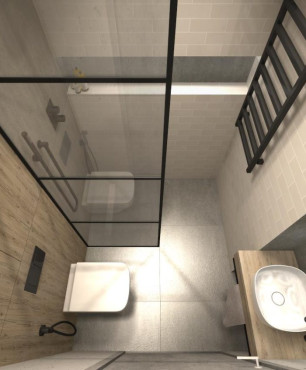 Projekt łazienki w stylu industrialnym z prysznicem walk-in