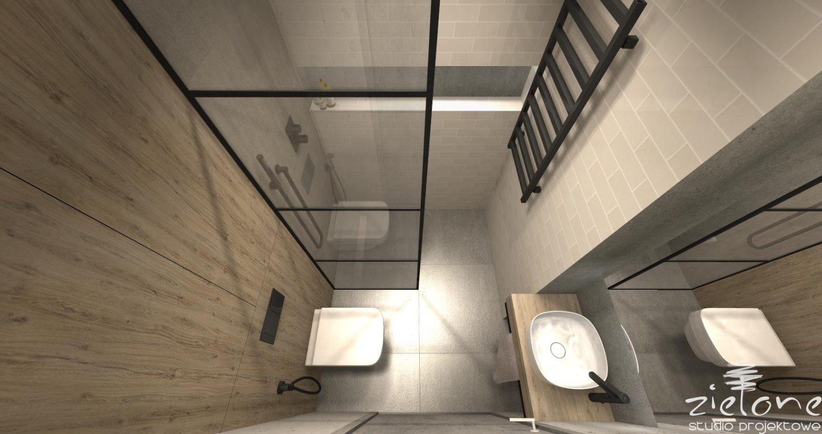Projekt łazienki w stylu industrialnym z prysznicem walk-in