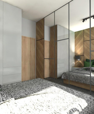 Projekt sypialni z drewnianym łóżkiem kontynentalnym oraz z drewnem na ścianie