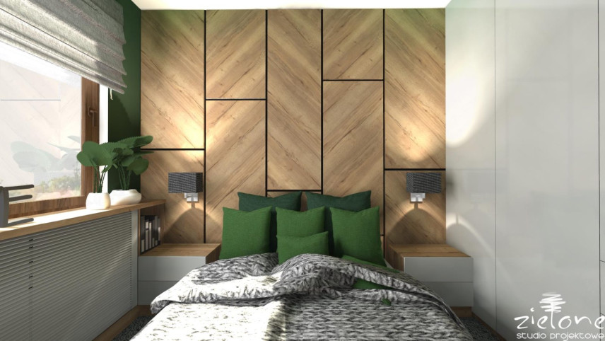 Sypialnia w stylu industrialnym z drewnem na ścianie