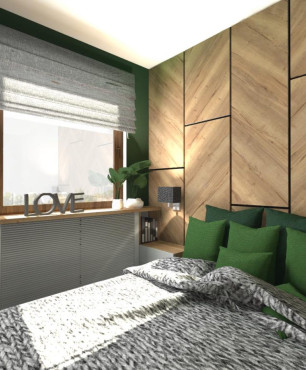 Sypialnia w stylu industrialnym z zielonym kolorem na ścianie
