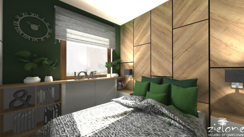 Sypialnia w stylu industrialnym z zielonym kolorem na ścianie