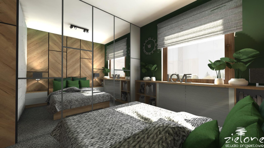 Sypialnia w stylu industrialnym z zabudowaną szafą z lustrzanym frontem