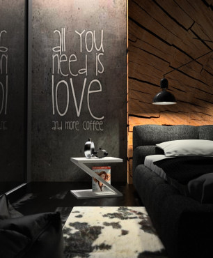 Sypialnia w ciemnych barwach z betonem ozdobom na ścianie