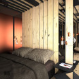 Sypialnia z łóżkiem kontynentalnym, drewnem na ścianie oraz lampami wiszącymi