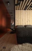 Sypialnia w stylu industrialnym z drewnem na ścianie i suficie