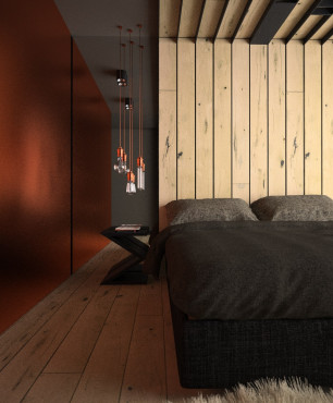 Sypialnia w stylu industrialnym z drewnem na ścianie i suficie