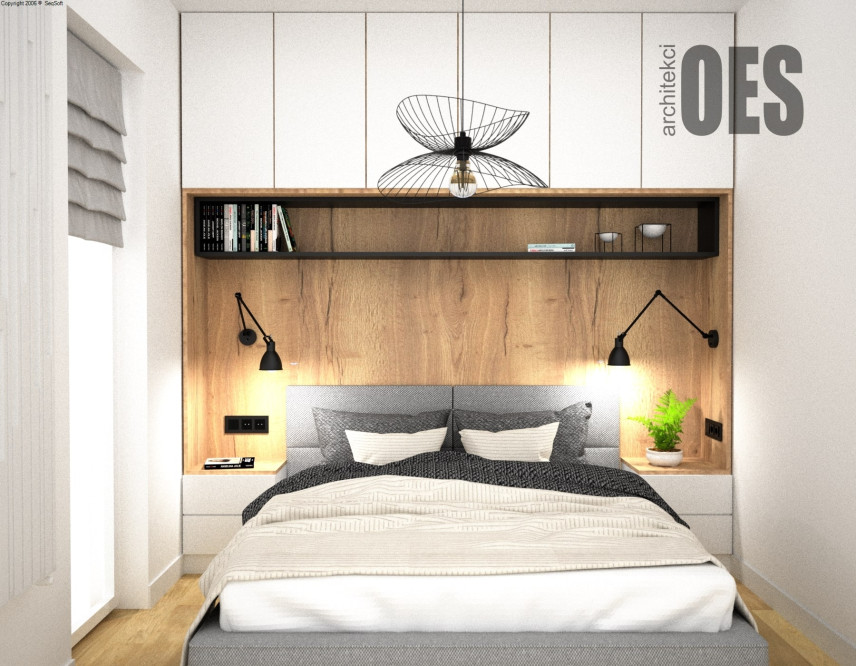 Klasyczna sypialnia z pawlaczem oraz z drewnem na ścianie