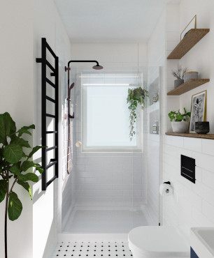 Łazienka z prysznicem walk-in z armaturą łazienkową w kolorze czarnym