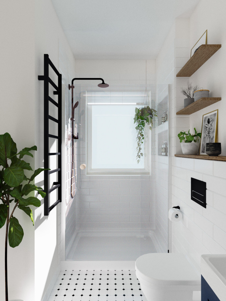 Łazienka z prysznicem walk-in z armaturą łazienkową w kolorze czarnym