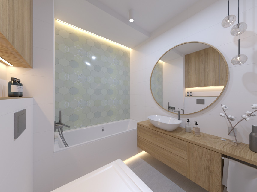Łazienka z wanną akrylową oraz płytkami ze wzorem heksagonalnym na ścianie