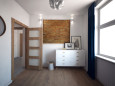 Mała sypialnia w stylu nowoczesnym z białą komodą oraz cegłą na ścianie