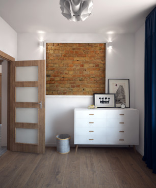 Mała sypialnia w stylu nowoczesnym z białą komodą oraz cegłą na ścianie