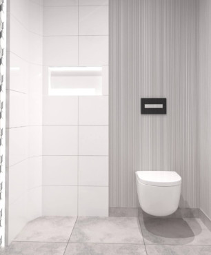 Projekt klasycznej małej, toalety z białą muszlą klozetową z systemem spłukiwania zamontowanym w ścianie