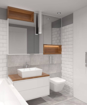 Projekt łazienki z białymi płytkami na ścianie oraz białą szafką łazienkową z drewnianym blatem