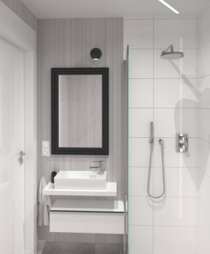 Łazienka z prysznicem walk-in oraz prostokątną umywalką nablatową