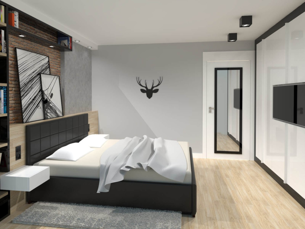 Nowoczesna sypialnia z czarnym łóżkiem kontynentalnym, betonem i cegłą na ścianie