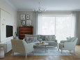 Klasyczny salon z tapicerowaną sofą oraz dwoma fotelami