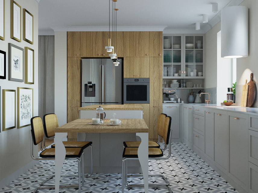 Klasyka i nowoczesność w kuchni z płytkami na podłodze ze wzorem patchwork