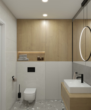 Mała łazienka z wielkoformatowymi płytkami na ścianie
