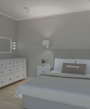 Projekt nowoczesnej sypialni z białą komodą, łóżkiem kontynentalnym oraz szafką nocną