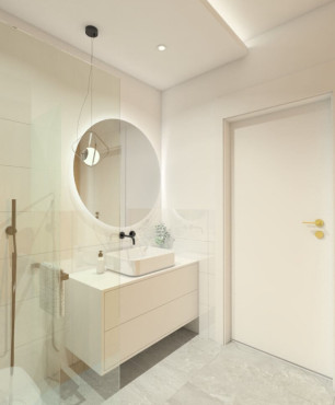 Klasyczna łazienka z białą szafką wiszącą oraz okrągłym lustrem z podświetleniem Led