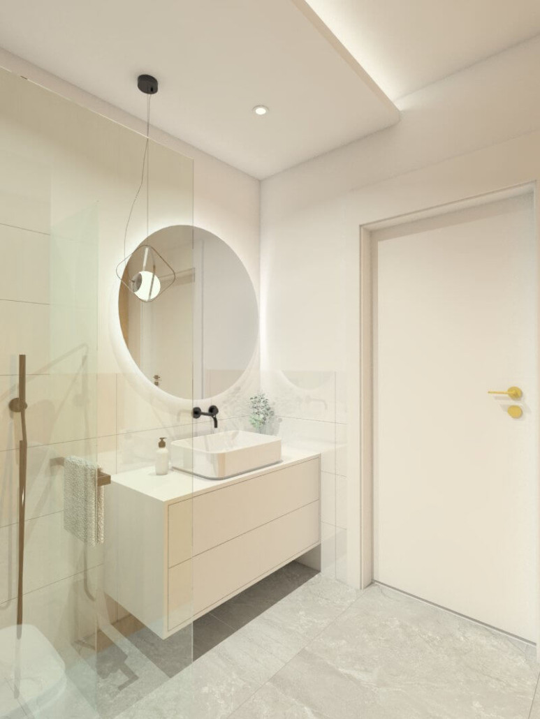 Klasyczna łazienka z białą szafką wiszącą oraz okrągłym lustrem z podświetleniem Led