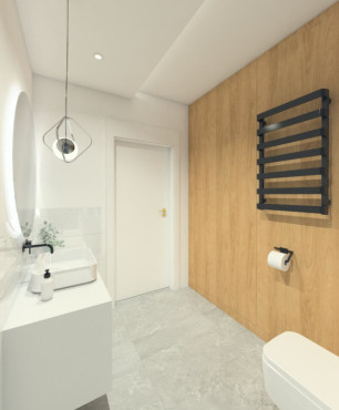 Projekt łazienki z drewnianą ścianą, na której zamontowano kaloryfer