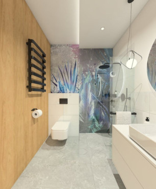 Projekt wyjątkowej łazienki z prysznicem, drewnianą ścianą oraz tapetą