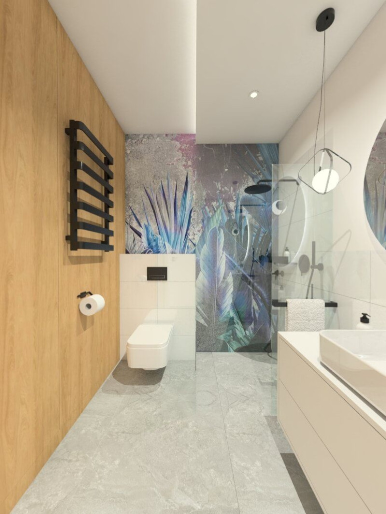 Projekt wyjątkowej łazienki z prysznicem, drewnianą ścianą oraz tapetą