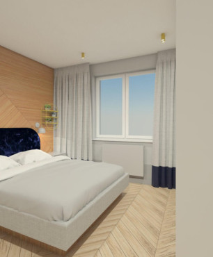 Sypialnia z drewnem na ścianie za łóżkiem kontynentalnym