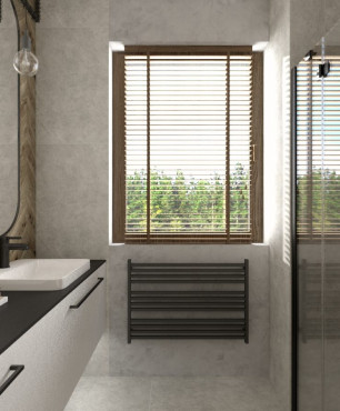Nowoczesna łazienka z dwoma umywalkami nablatowymi, prysznicem oraz oknem