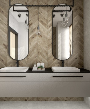 Łazienka z eliptycznymi, dwoma lustrami oraz dwoma umywalkami nablatowymi