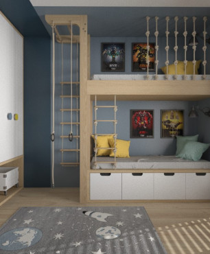Duży pokój dziecięcy z łóżkiem piętrowym, drabinkami, szafą w zabudowie oraz dywanem