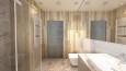 Łazienka z wanną i prysznicem oraz wzorem patchwork na podłodze
